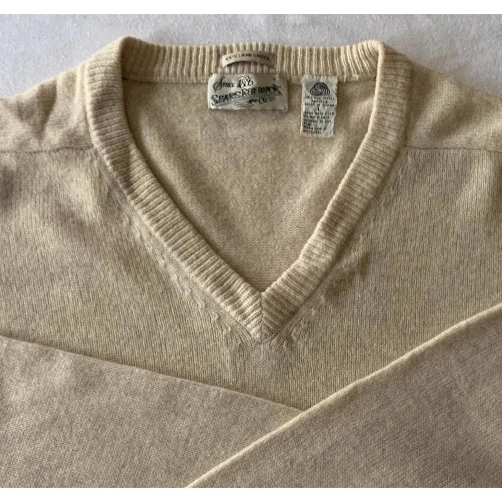 Vintage Sears Roebuck 100% Lambswool V-Neck Sweater Large Beige Eclectic Grandpa